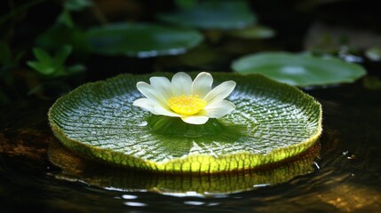 Delicate white water lily atop a large, vibrant green leaf, resting serenely on tranquil water