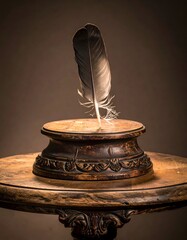 A quill pen rests elegantly in an antique, wooden inkwell