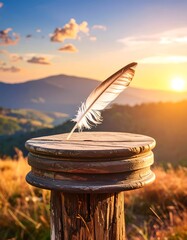 Feather in sunlight on a wooden pillar with mountains at sunset