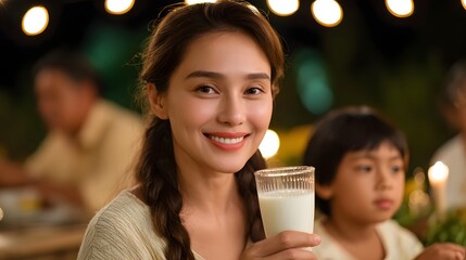 A smiling woman holds a glass of milk outdoors at night during a family gathering with bokeh lights