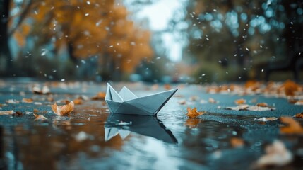 A paper boat floats in a puddle on a rainy autumn day, surrounded by fallen leaves and soft snowfall