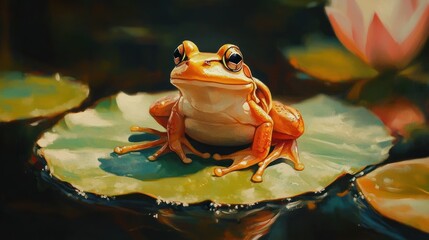 A vibrant orange frog sits atop a lily pad, with a serene expression.  Water lilies bloom in the background