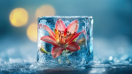 A delicate flower frozen in time. A vibrant orange-pink bloom encased within a clear ice cube, nestled on a bed of ice crystals