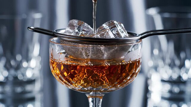 Amber liquid is poured through a strainer with ice cubes into a crystal glass in a dimly lit bar setting with blurred background glasses and a metallic sheen reflecting light creating an atmospheric