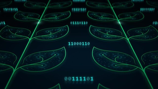 Sustainable AI server network growing as digital plant, green technology circuit, Seamless Loop animation.