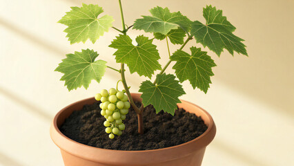 Small potted grape vine with vibrant green leaves and unripe grapes