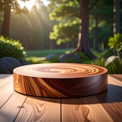 Wooden platform in a lush forest with morning sunlight