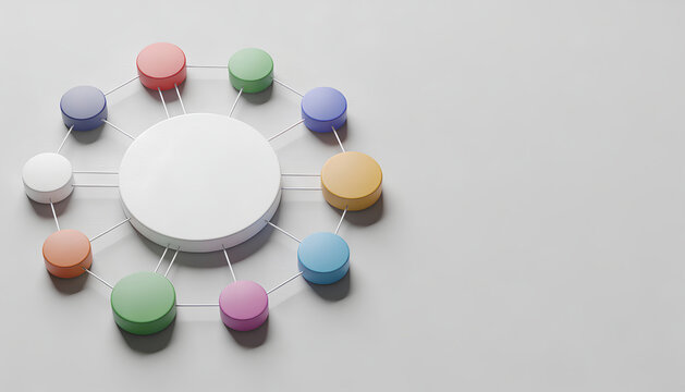 3D relationship network map with circular links, stakeholder collaboration diagram and governance structure, minimal isometric hub layout with copyspace