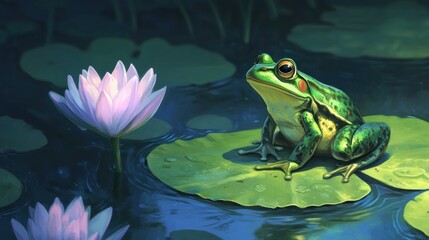 Frog on lily pad, serene pond scene