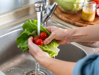 Hands Washing Lettuce and Tomatoes in Kitchen Sink