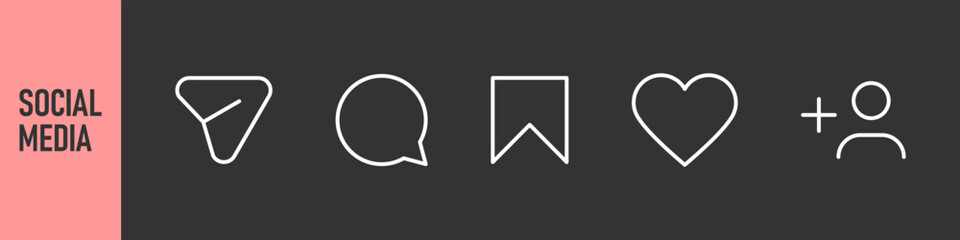 Color line icon set featuring social media symbols including home, search, user, heart, settings, and add symbols. social media notification icons ; like, comment, repost, share, save, UI icons