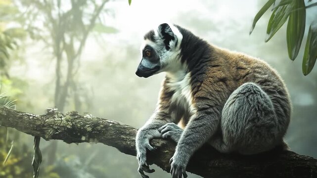 Ring tailed lemur perched on tree branch in lush rainforest habitat