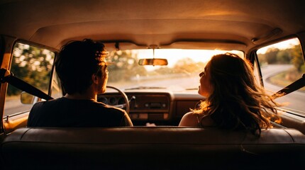Fototapeta premium Backseat view couple driving at sunset cinematic photo