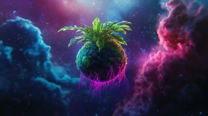 Floating, vibrant planet with lush vegetation in a cosmic nebula