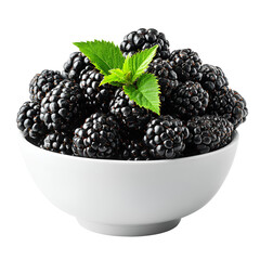 Fresh blackberries in a white bowl with green leaves on top
