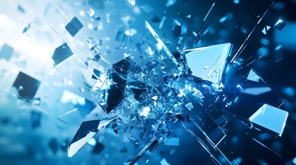 Abstract digital representation of intense blue crystalline fragmentation and shattering light beams creating dynamic futuristic motion graphics backgrounds for technology