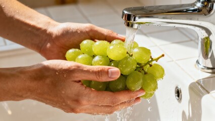 Adult hands rinsing a large bunch of sweet seedless green grapes under running water flowing from a chrome faucet above a white sink basin.