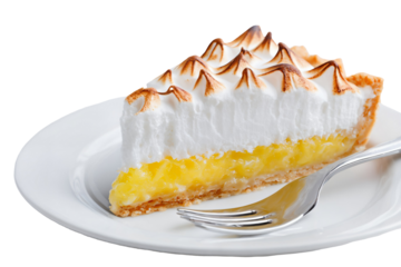 Delicious slice of lemon meringue pie on white plate with fork