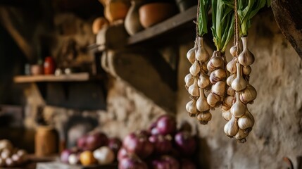 Rustic garlic bunches hang from weathered shelves.  Shelves filled with various vegetables