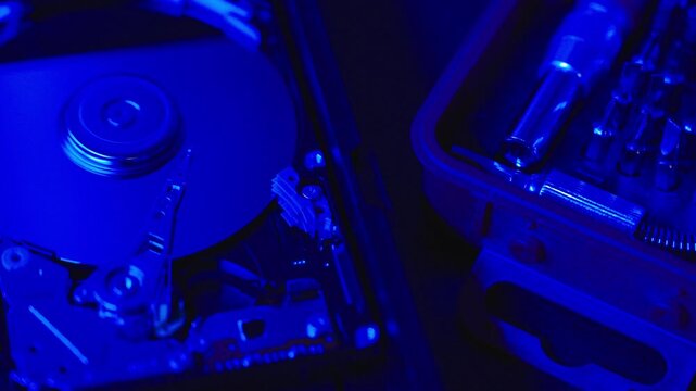 Close-up, Hard Drive, Working, Reparing, Writing, Reading.
