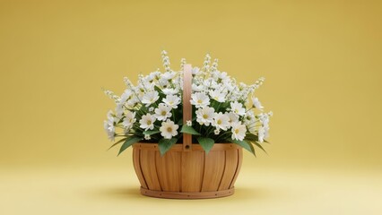 Floral arrangement in a wooden basket against a yellow backdrop
