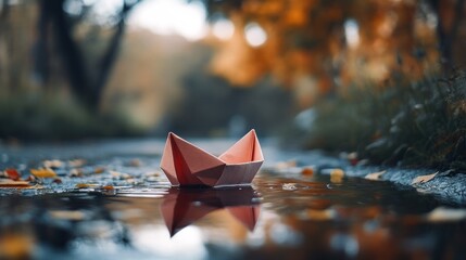 Pink paper boat in a puddle, autumnal park scene