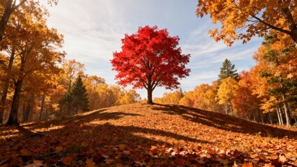 Brilliant red maple tree standing alone on a low hill covered in fallen leaves surrounded by vibrant yellow and orange autumn forest trees.
