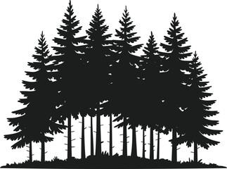 Dense forest of dark pine trees silhouette vector illustration with grassy ground © MdImran