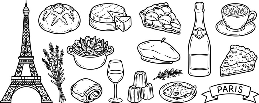 French Cuisine Vector Illustration Set, Traditional Paris Food Icons with Croissant Baguette Wine and Cheese, Hand Drawn Style for Restaurant Menu Design