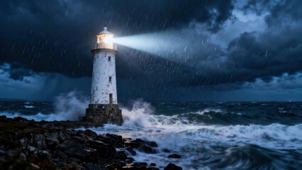 Obraz premium White stone coastal lighthouse illuminates turbulent ocean waves and heavy rain under a dark, dramatic storm cloud sky.