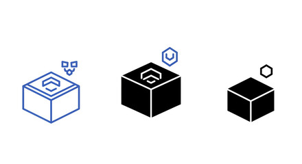 Three isometric cubes with blockchain symbols and icons