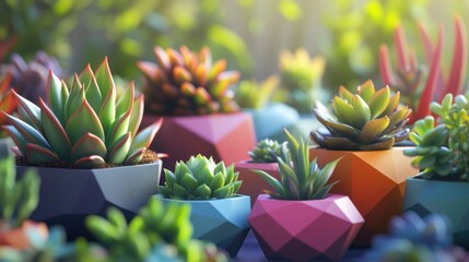 Vibrant succulents in geometric pots, bathed in sunlight