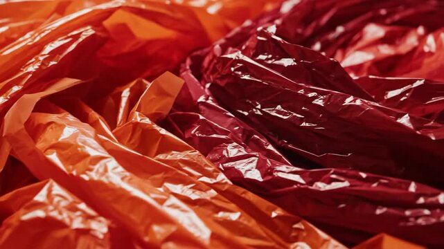 Vibrant Abstract Textures Of Crinkled Orange And Red Plastic Material With Shiny Highlights And Deep Shadows