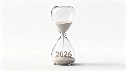 Hourglass sand timer symbolizing the countdown toward the year 2026, isolated against a bright white backdrop.