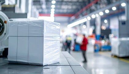 Obraz premium Large stack of wrapped white paper in a factory setting with blurred figures in background