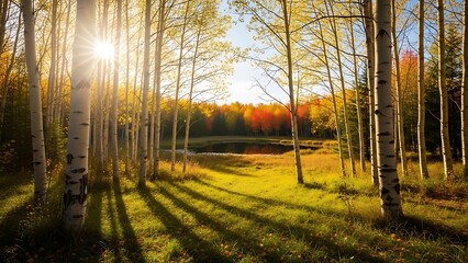 Sunlit forest glade with slender trees and warm autumn colors