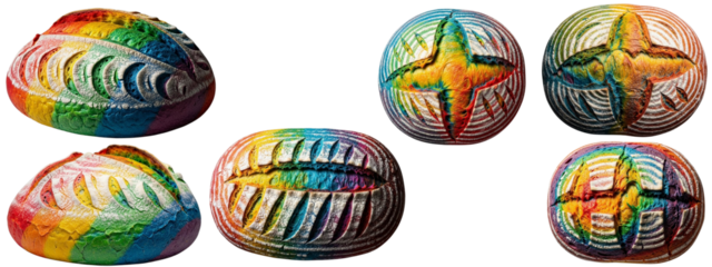 A collection of rainbow-colored baked goods. The sweets are displayed to evoke happiness, and appear to be food desserts such as cookies.

