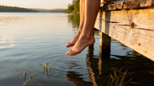 Bare legs and feet dangling off a textured wooden dock, creating small concentric ripples in the deep blue lake.