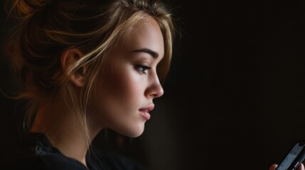 Woman with long blonde hair is looking at her cell phone. She is wearing a black shirt and necklace