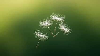 Obraz premium Four delicate dandelion seed heads float against a soft green backdrop