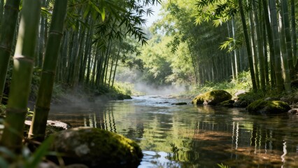 Tall green bamboo stalks stand along a misty woodland stream reflecting the vibrant foliage and morning sunlight.