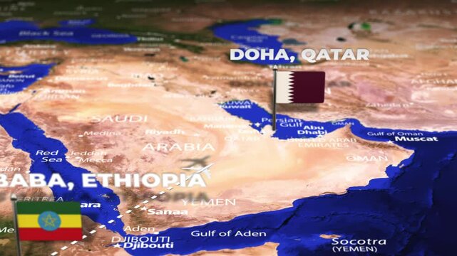 Flight From Addis Ababa ETHIOPIA to Doha QATAR with flag pins