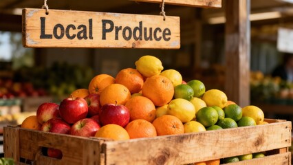 Farmers market stall displaying vibrant red apples, navel oranges, yellow lemons, and green limes piled high in a rustic wooden crate beneath a descriptive sign.