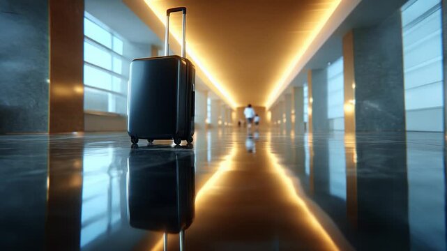 A sleek black suitcase rests on a polished floor, surrounded by blurred figures of travelers moving through a modern terminal, showcasing the hustle and bustle of travel in a contemporary setting.