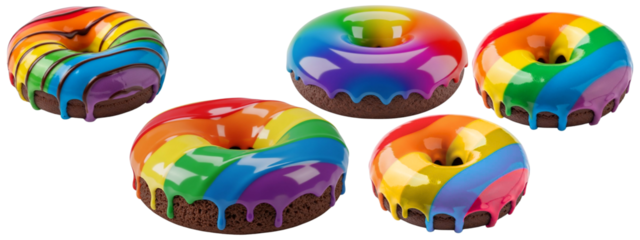 A collection of chocolate donuts is topped with a rainbow icing drizzle. The image conveys creativity and fun, and could be used to market a bakery.

