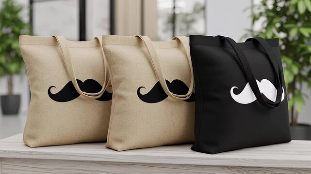Three Tote Bags with Moustache Design on a Table.