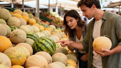 Young adult couple choosing striped watermelon and textured cantaloupe melons at a vibrant outdoor farmers market stall.