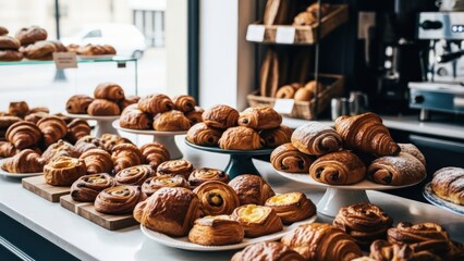 Freshly baked pastries and bread are displayed at a bakery counter