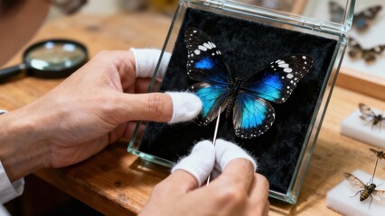 Entomologist carefully adjusting brilliant blue and black butterfly pinned specimen inside a glass display case using precision tweezers.