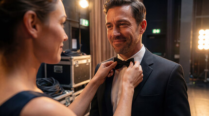 Supportive wife adjusting husband's bow tie backstage. Biblical concept of serving one another in love based on 1 Corinthians 13. Caring partnership and preparation for an event.